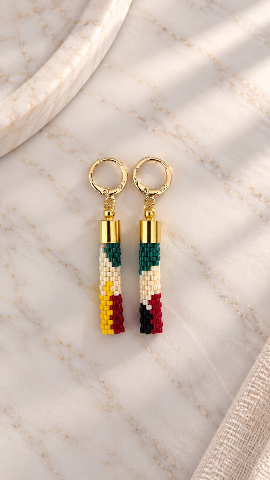 Inès Earrings — Yellow, Emerald Green, Raspberry, Black & Ivory