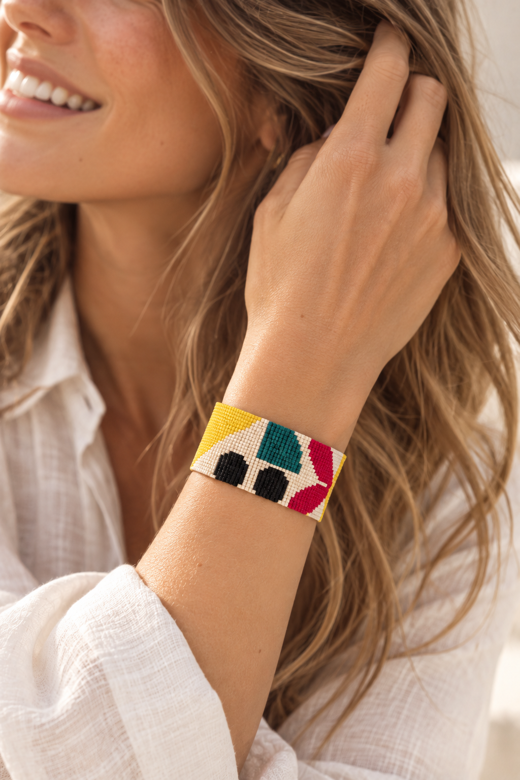 Pulsera Inès — Amarillo, Verde Esmeralda, Frambuesa, Negro y Marfil