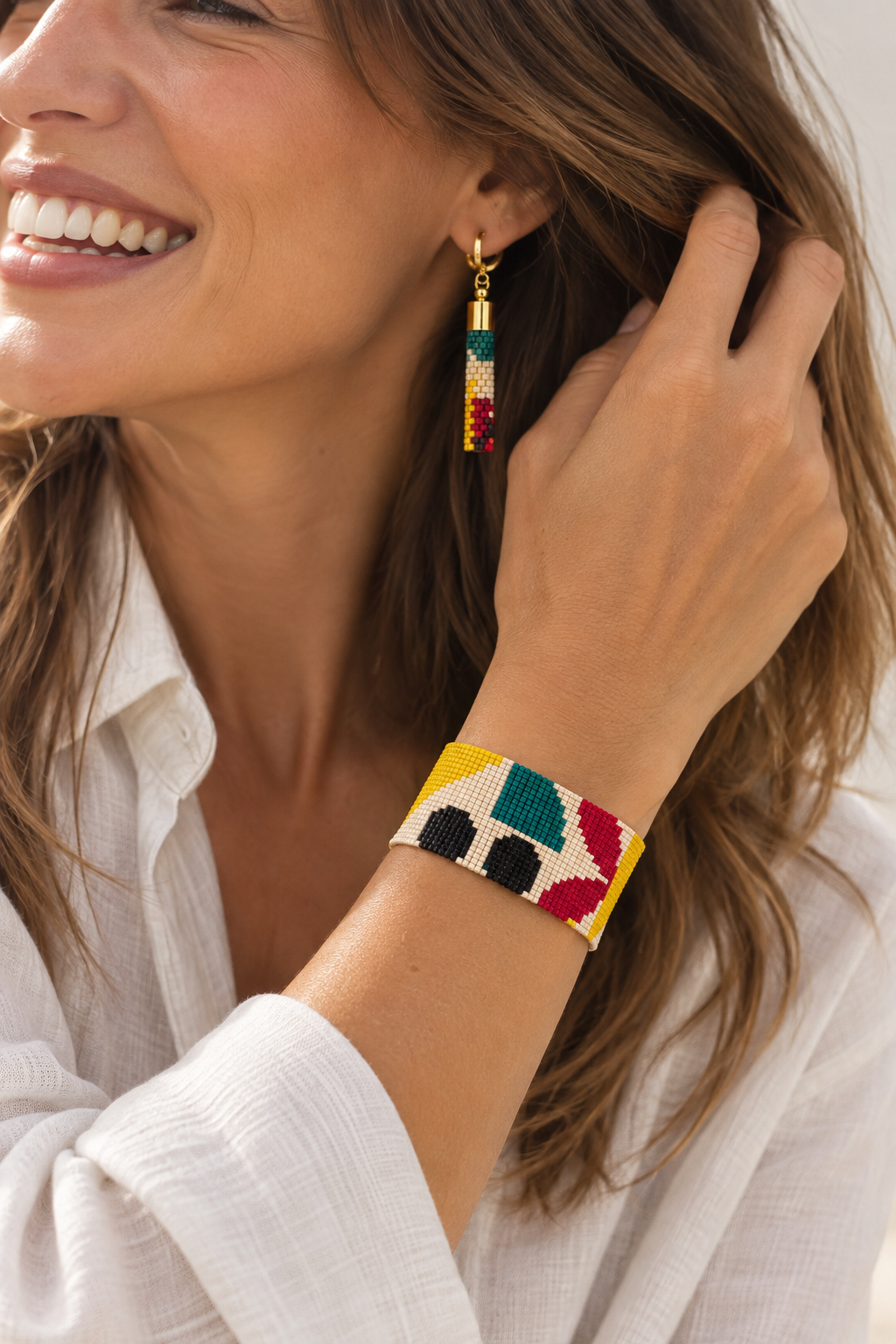 Aretes Inès — Amarillo, Verde Esmeralda, Frambuesa, Negro y Marfil