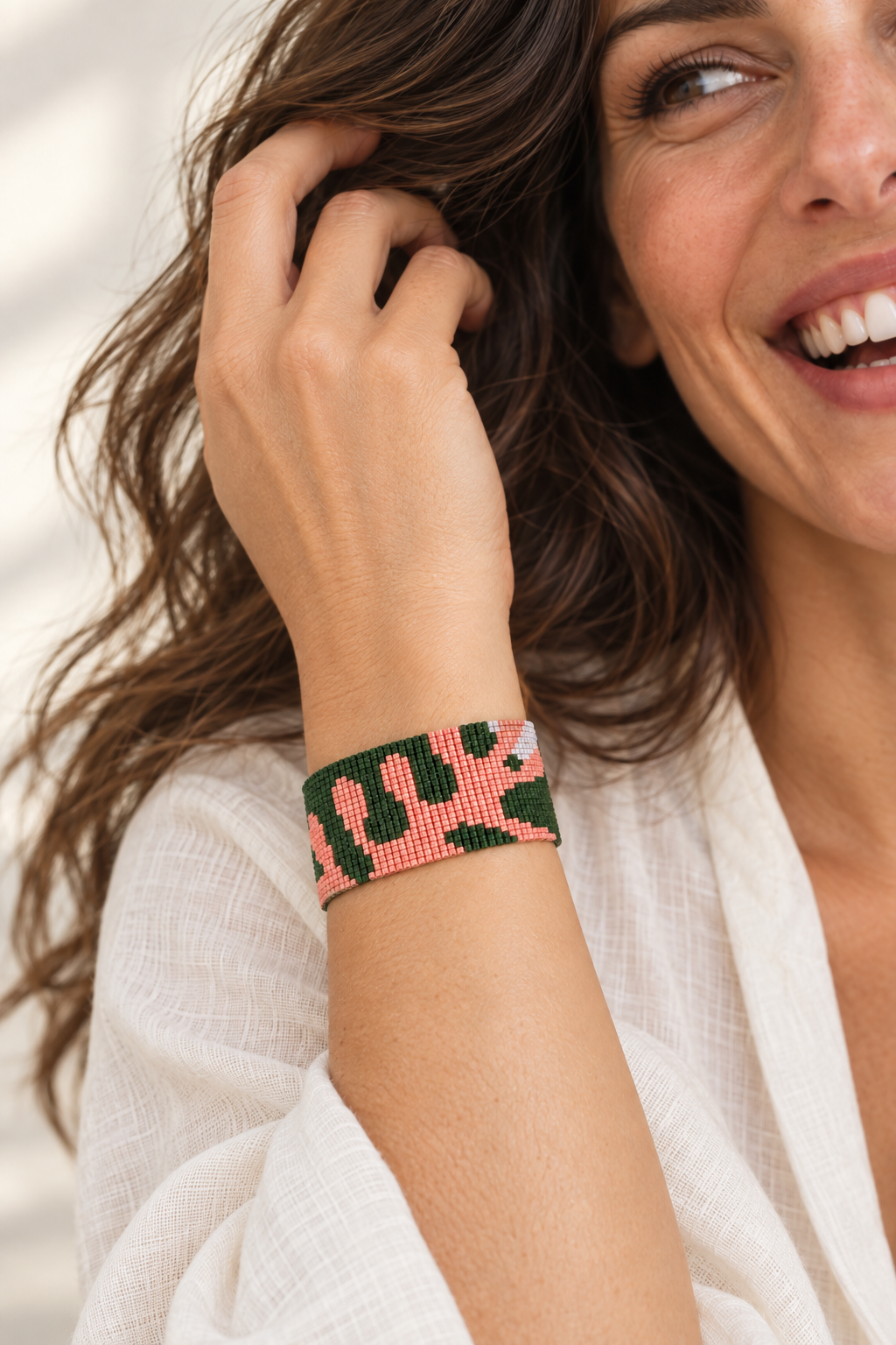 Coralina Bracelet — Deep Green, Coral Pink & White