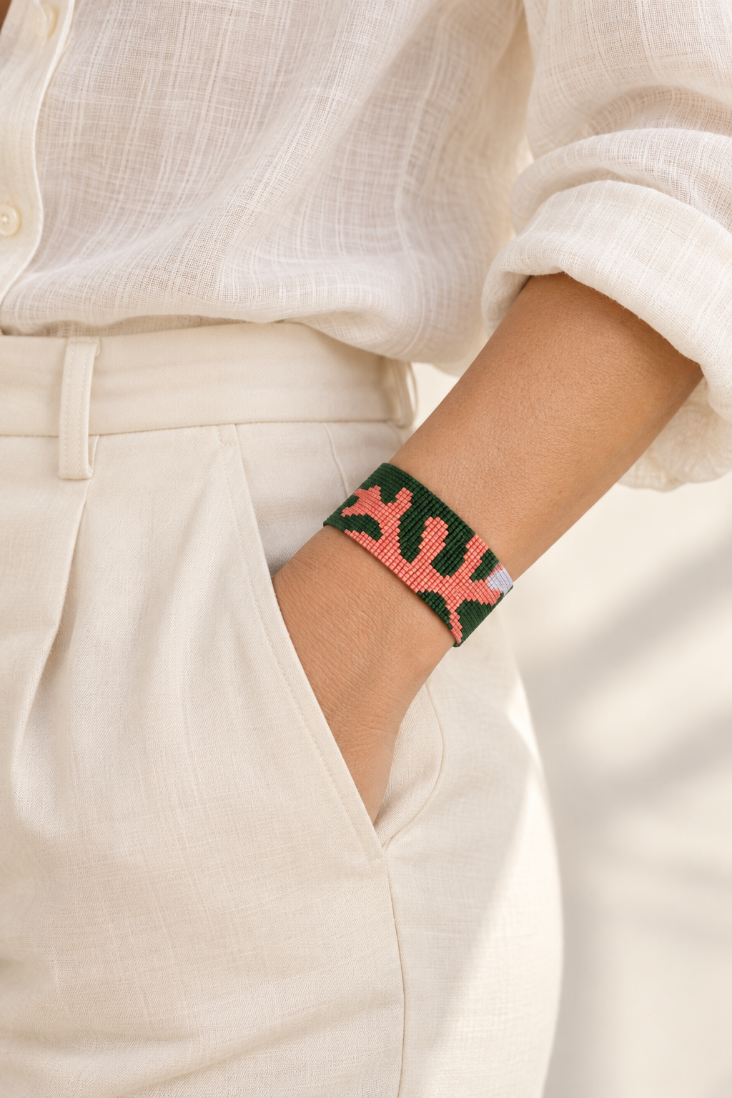 Coralina Bracelet — Deep Green, Coral Pink & White