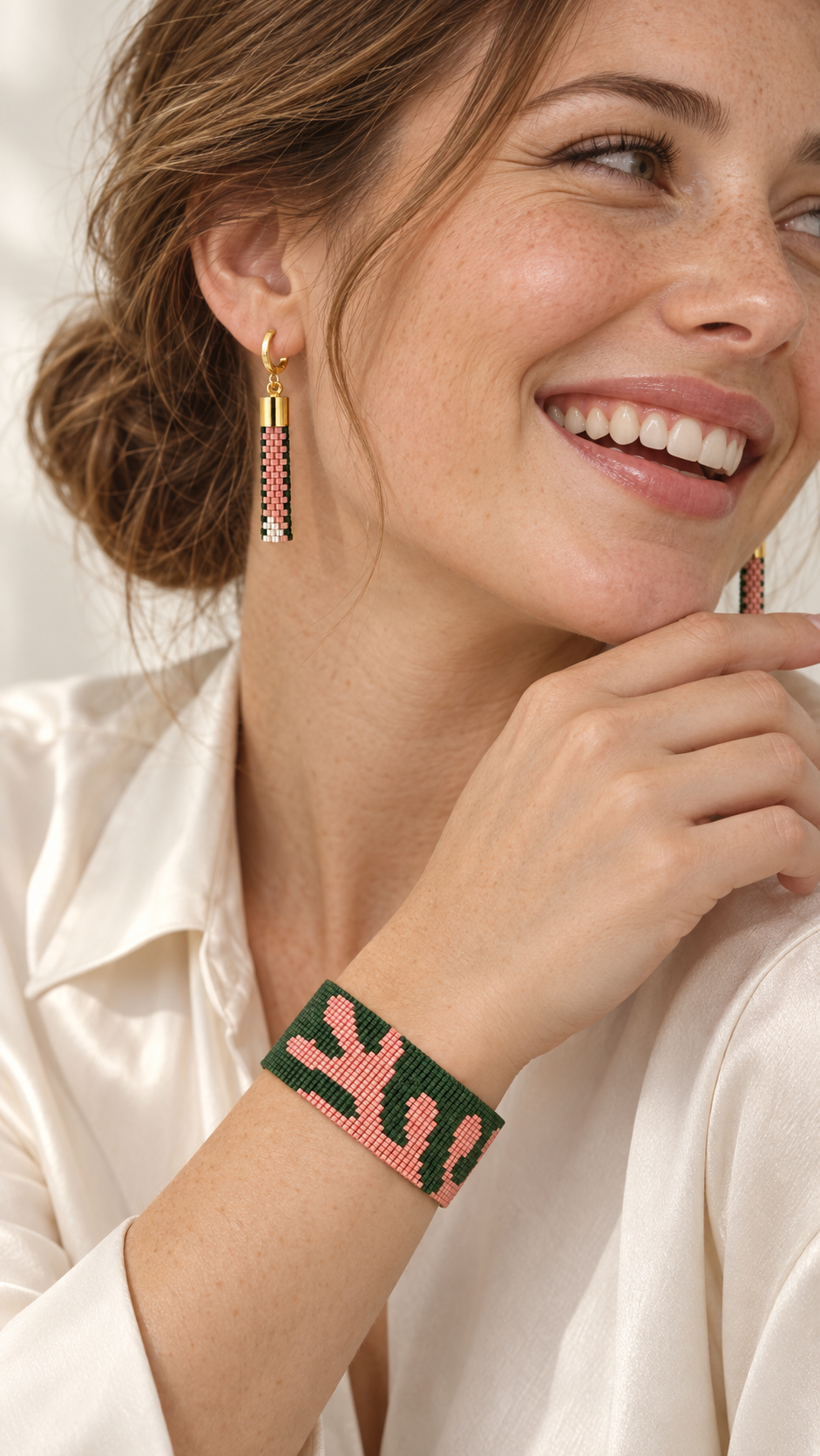 Coralina Earrings — Deep Green, Coral Pink & White